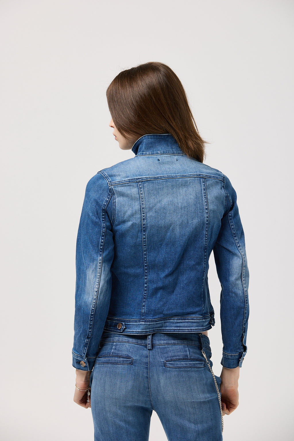 Fitted denim zip jacket with high collar and logo buttons – The Biker