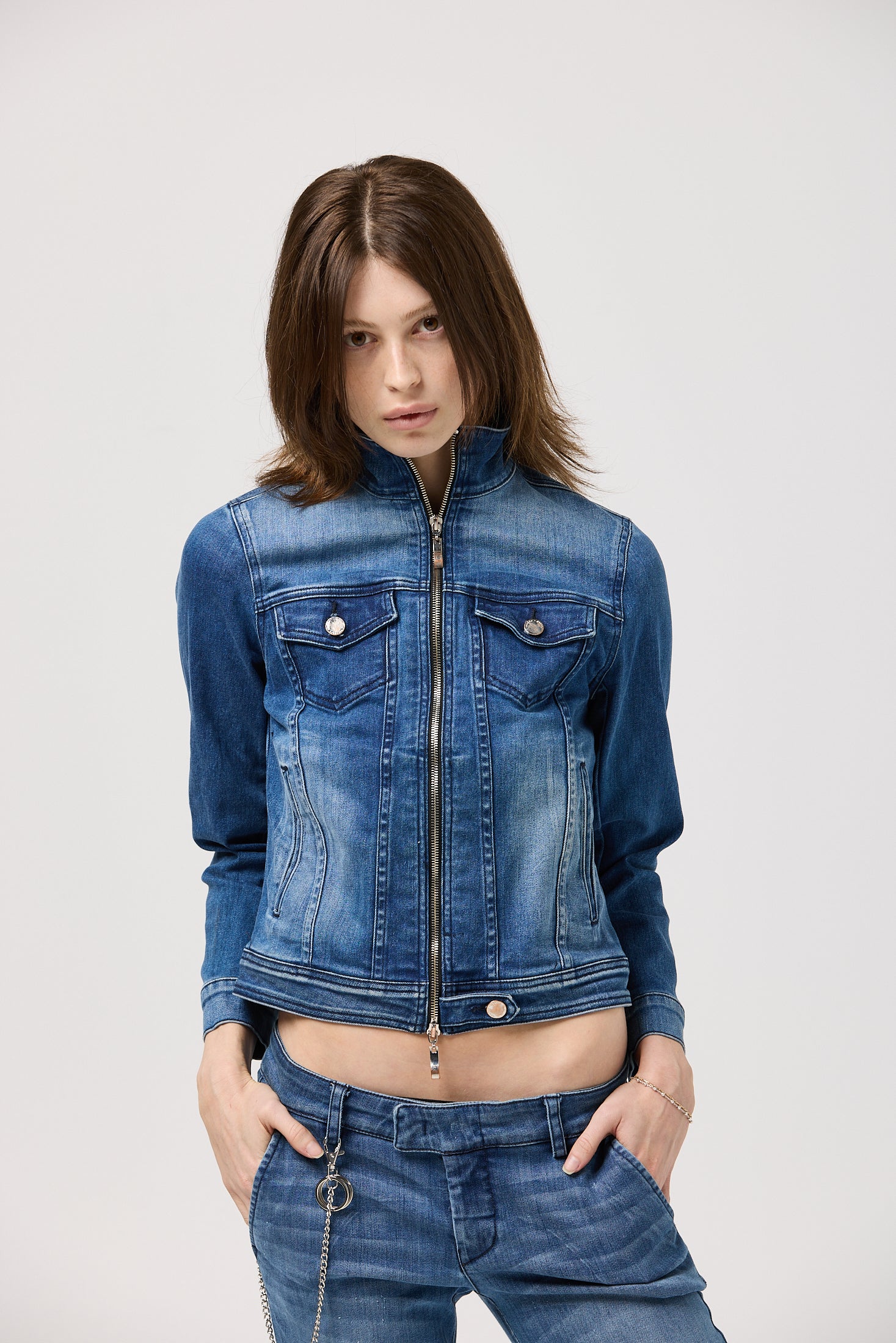 Fitted denim zip jacket with high collar and logo buttons – The Biker