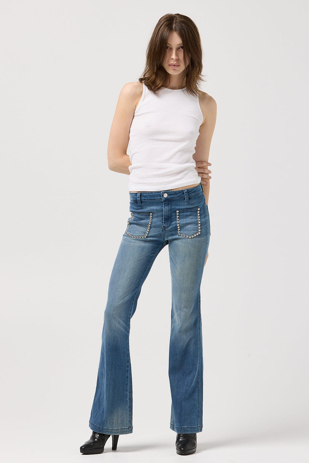 Mid-rise studded flare leg jeans in organic stretch denim – The Stud