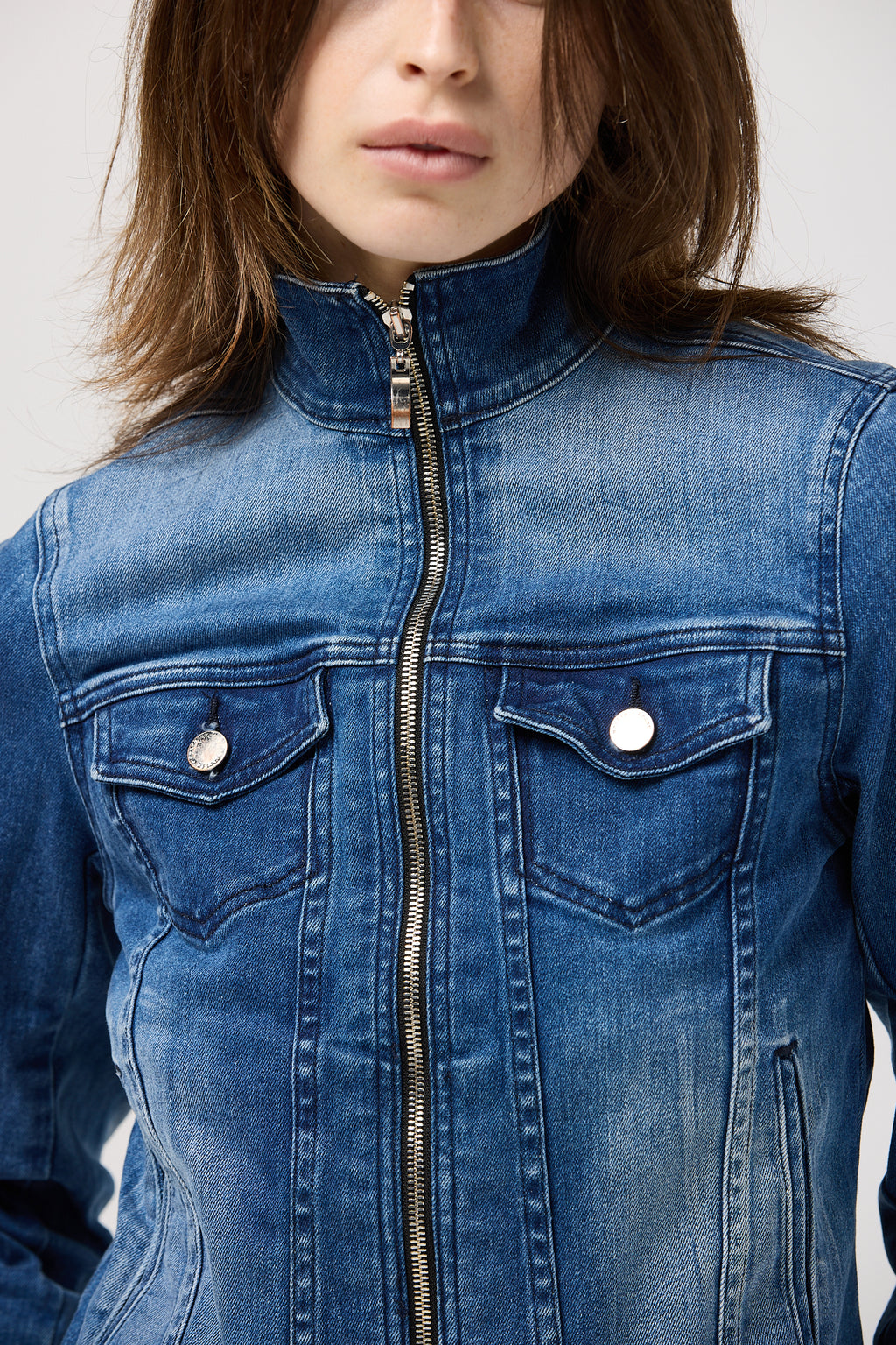 Fitted denim zip jacket with high collar and logo buttons – The Biker